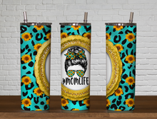 Load image into Gallery viewer, #Mom Life with green print & sunflowers Tumbler