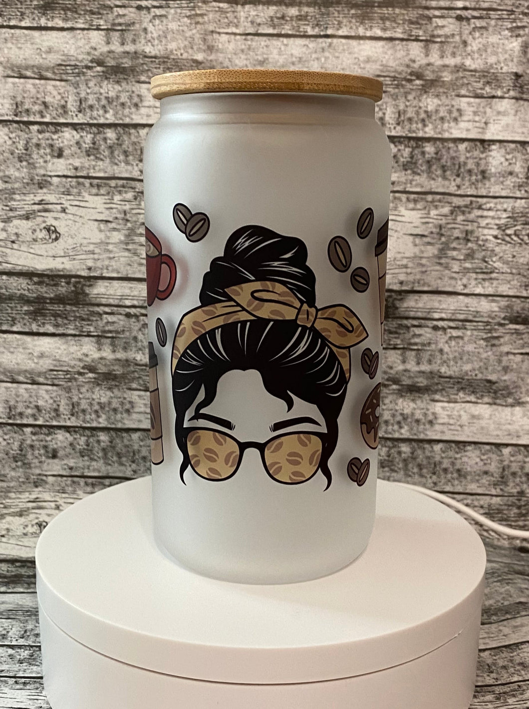 Messy Bun Coffee Lady 16oz frosted glass tumbler